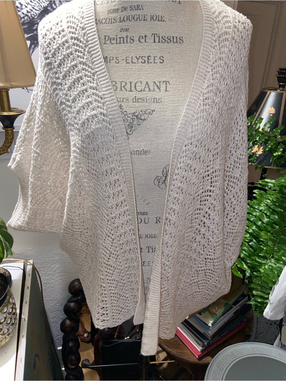 Naomi and Lavender Open-Front Crochet Knit Cardigan in Cream